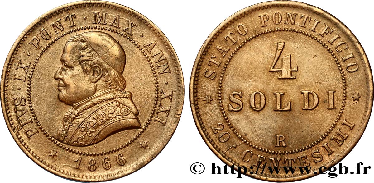 VATICAN AND PAPAL STATES 4 Soldi (20 Centesimi) Pie IX an XXI 1866 Rome AU 