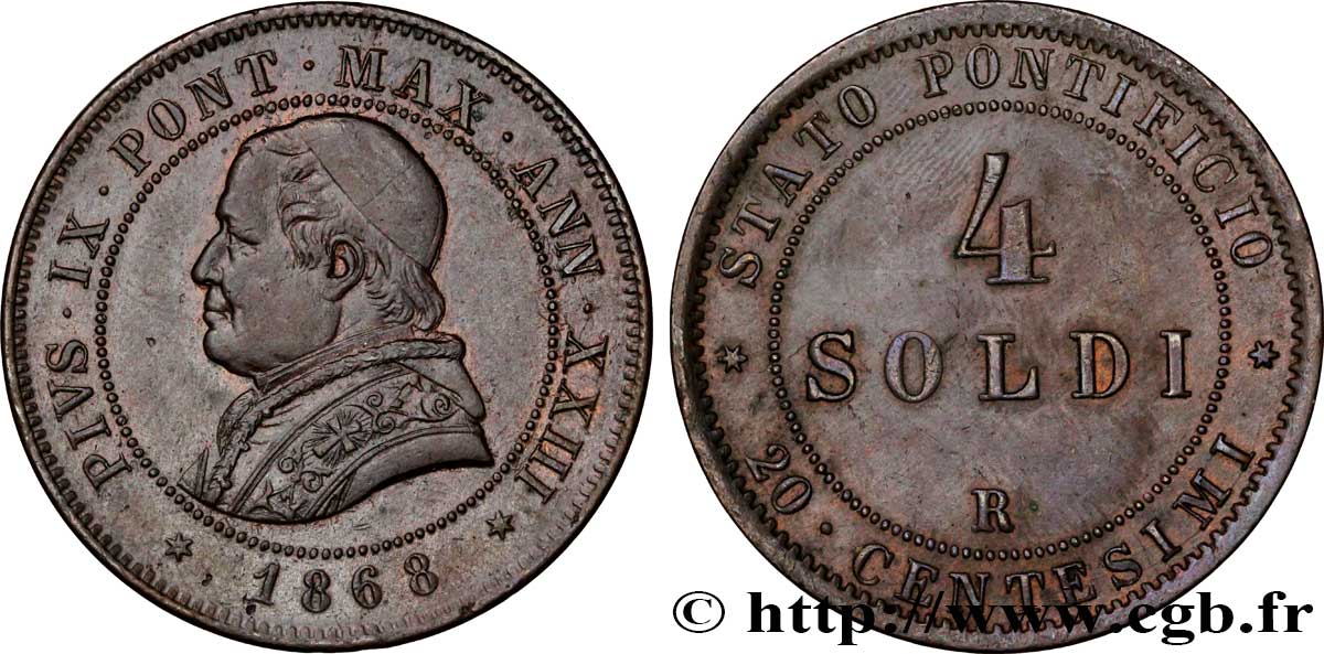 VATICAN AND PAPAL STATES 4 Soldi (20 Centesimi) Pie IX an XXIII 1868 Rome AU 
