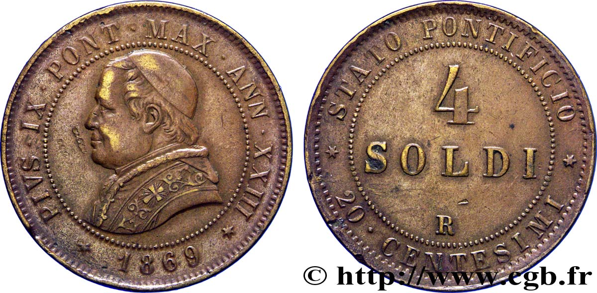VATICAN AND PAPAL STATES 4 Soldi (20 Centesimi) Pie IX an XXIII 1869 Rome AU 