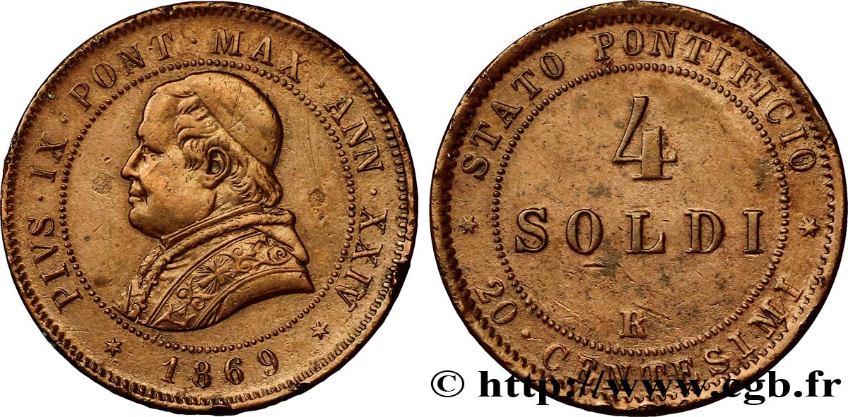 VATICAN AND PAPAL STATES 4 Soldi (20 Centesimi) Pie IX an XXIV 1869 Rome AU 