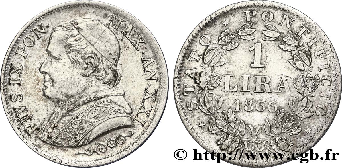 VATICAN AND PAPAL STATES 1 Lire Pie IX type grand buste an XXI 1866 Rome AU 