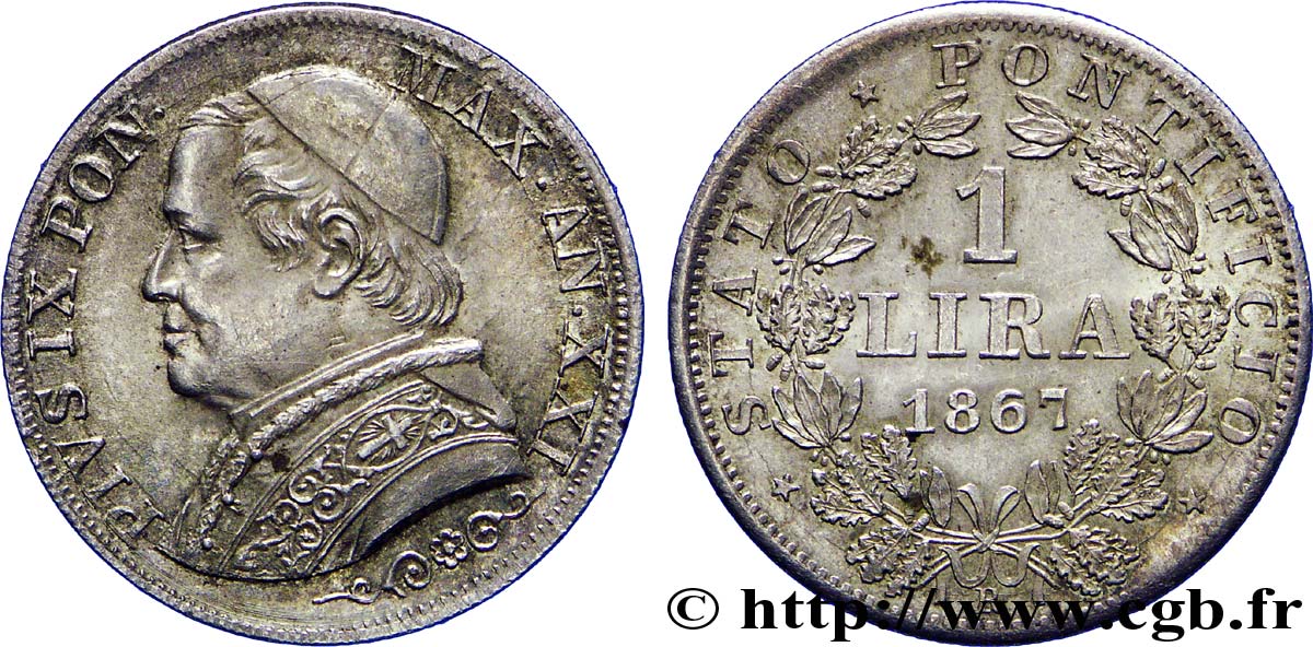 VATICAN AND PAPAL STATES 1 Lire Pie IX an XXI 1867 Rome AU 