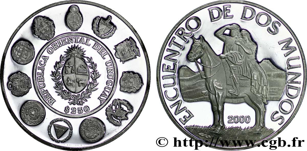 URUGUAY 250 Pesos BE (Proof) Rencontre des deux mondes : espagnol et indienne à cheval 2000  SC 