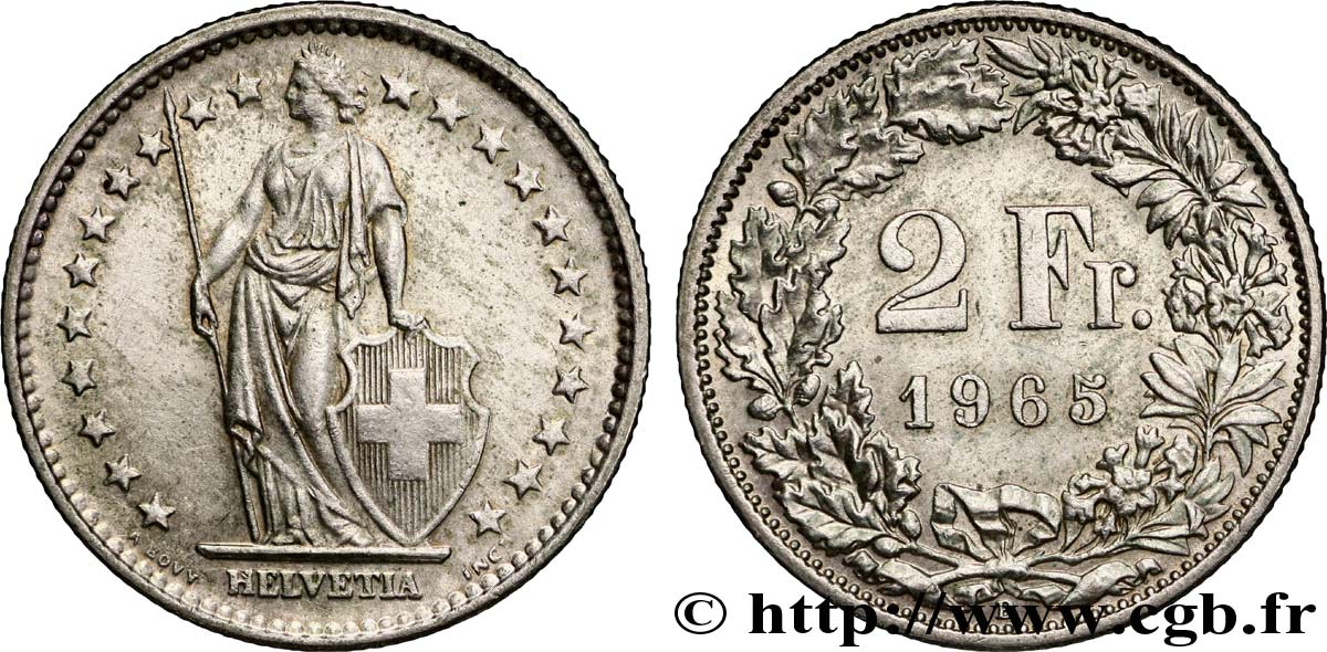 SWITZERLAND 2 Francs Helvetia 1965 Berne - B AU 
