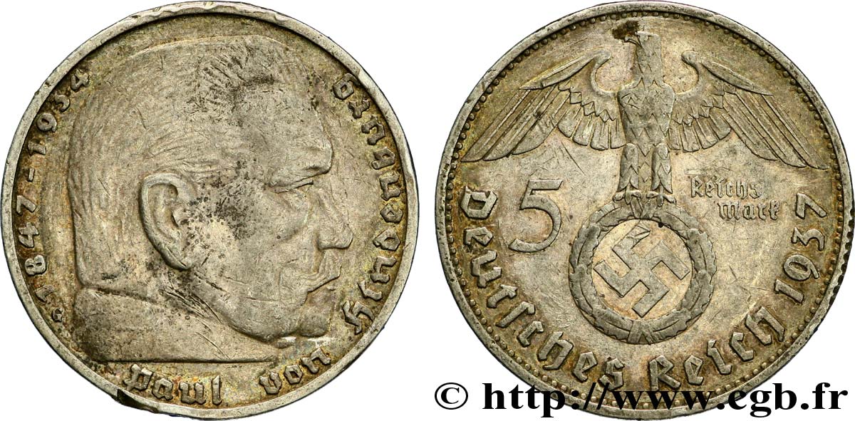 ALEMANIA 5 Reichsmark aigle surmontant une swastika / Maréchal Paul von Hindenburg 1937 Karlsruhe - G MBC 