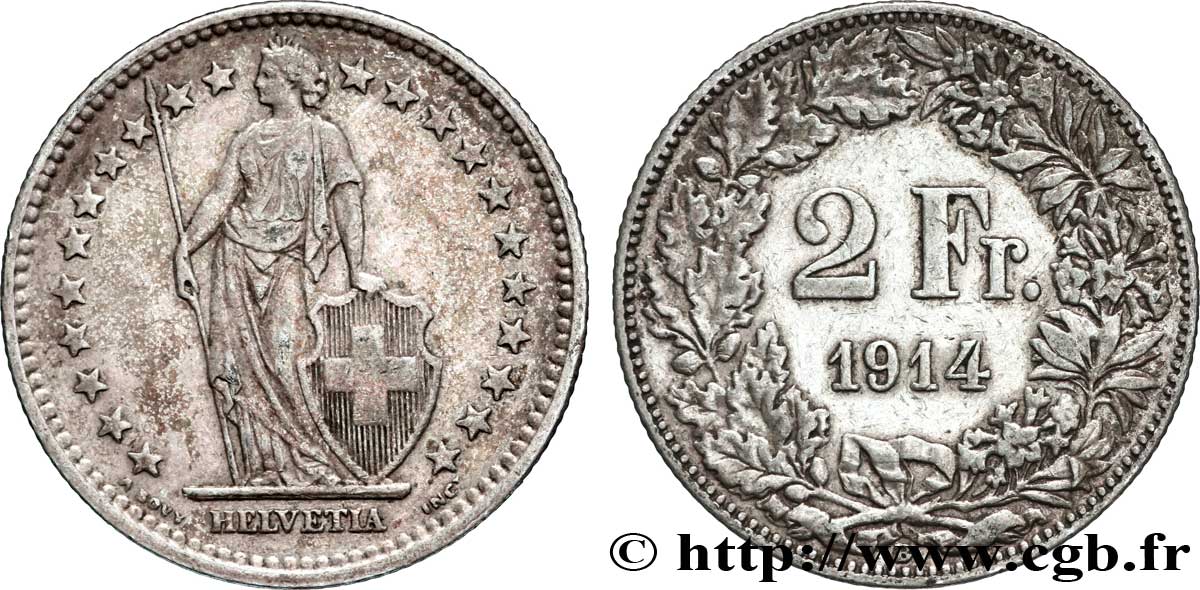 SUISSE 2 Francs Helvetia 1914 Berne - B TTB 