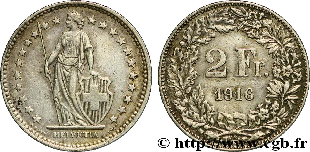 SWITZERLAND 2 Francs Helvetia 1916 Berne - B AU 