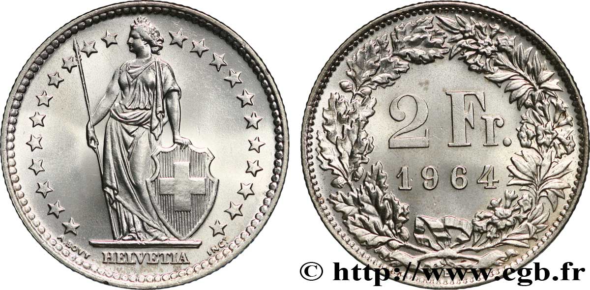 SCHWEIZ 2 Francs Helvetia 1964 Berne - B fST 