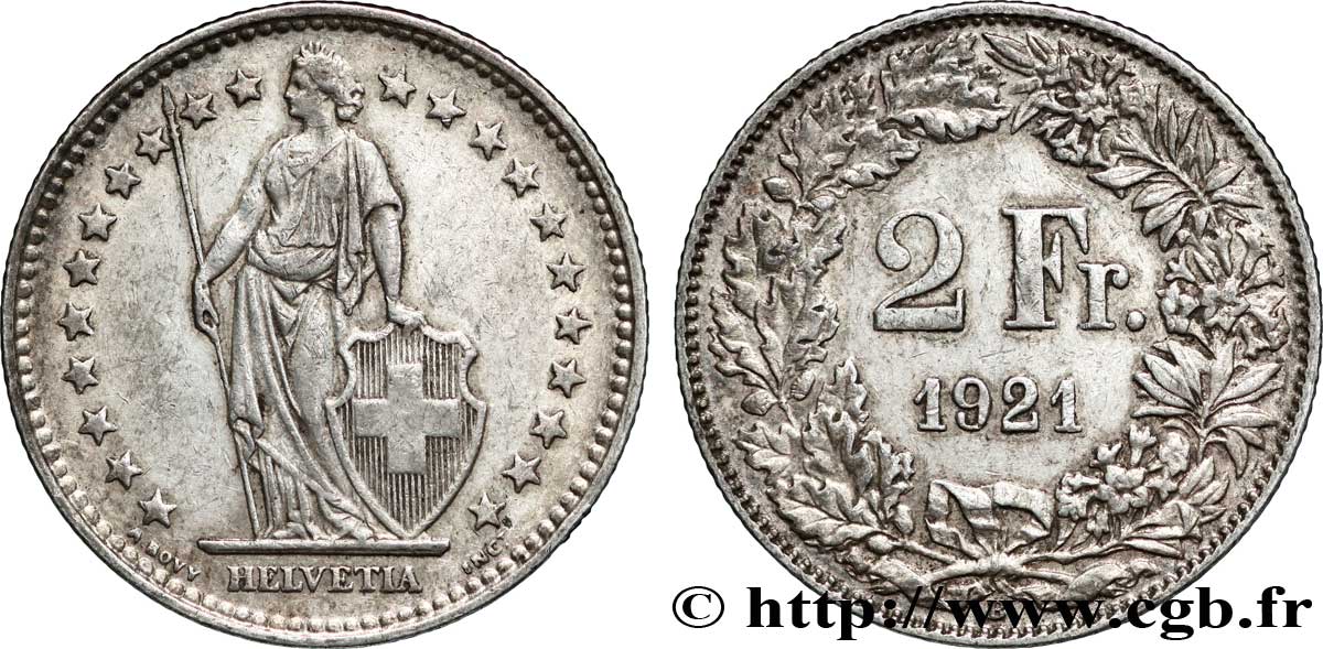 SWITZERLAND 2 Francs Helvetia 1921 Berne - B AU 