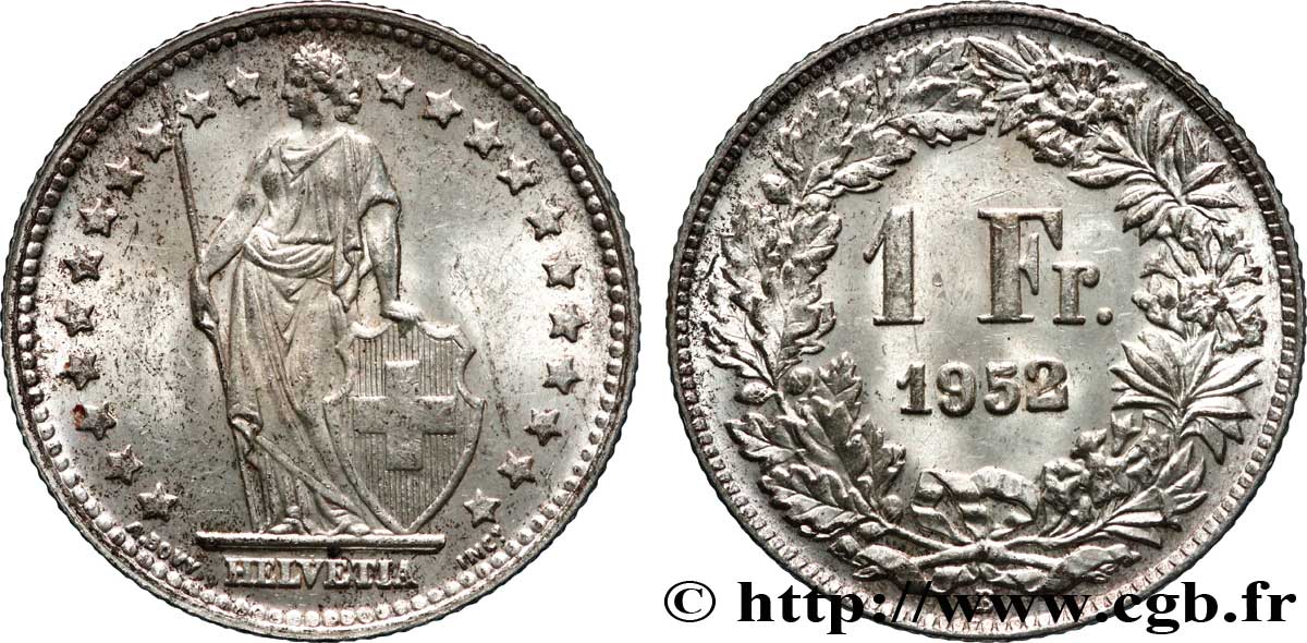 SUIZA 1 Franc Helvetia 1952 Berne EBC 