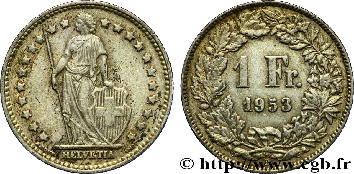 SWITZERLAND 1 Franc Helvetia 1953 Berne - B XF 