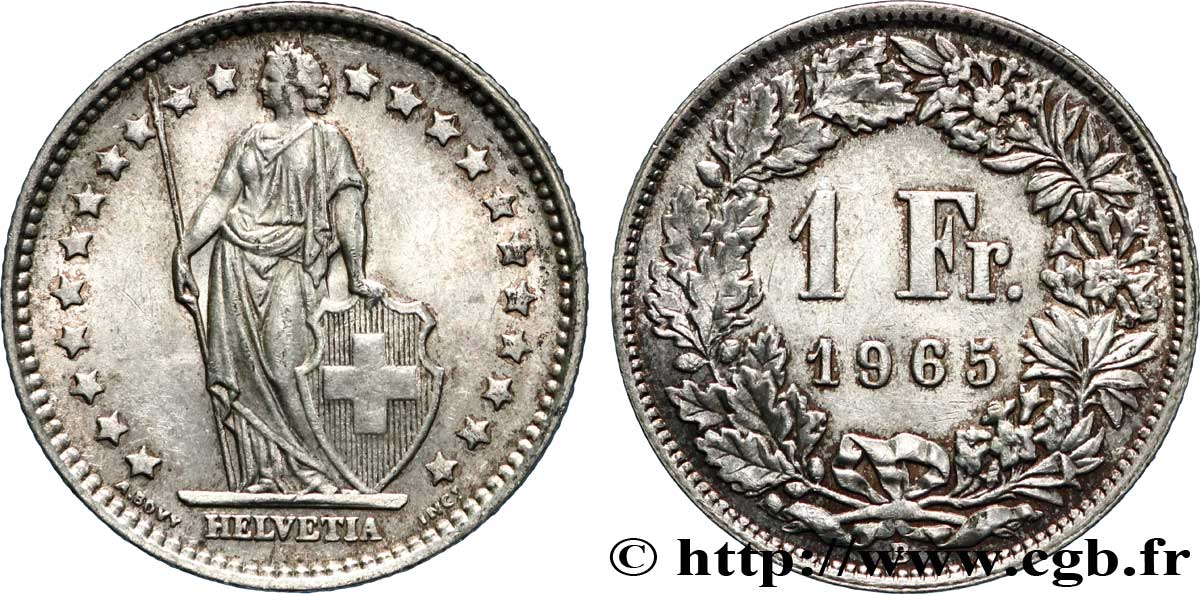 SWITZERLAND 1 Franc Helvetia 1965 Berne - B AU 