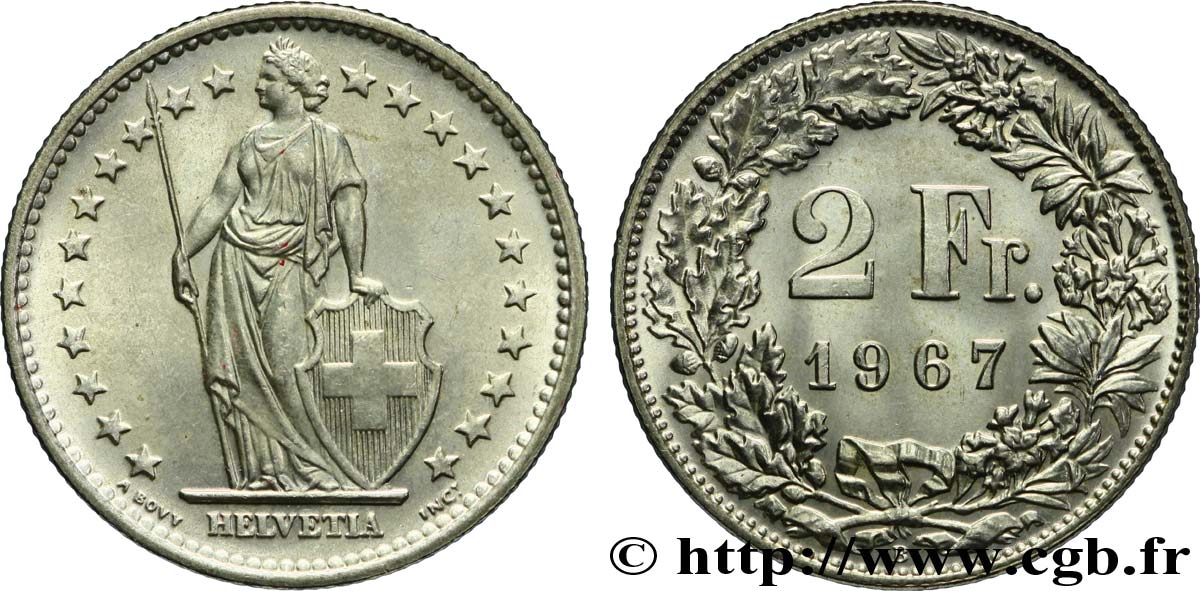 SUIZA 2 Francs Helvetia 1967 Berne - B EBC 