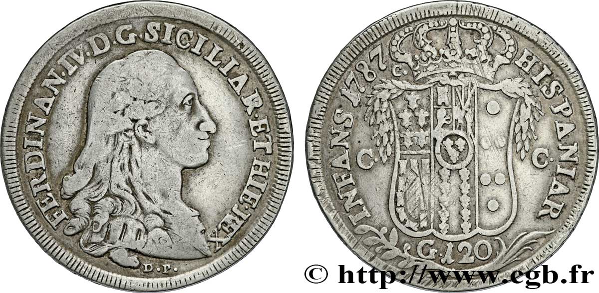 ITALIA - REGNO DI NAPOLI 1 Piastre de 120 Grana Royaume de Naples et Sicile Ferdinand IV de Bourbon / armes 1787 Naples q.BB 