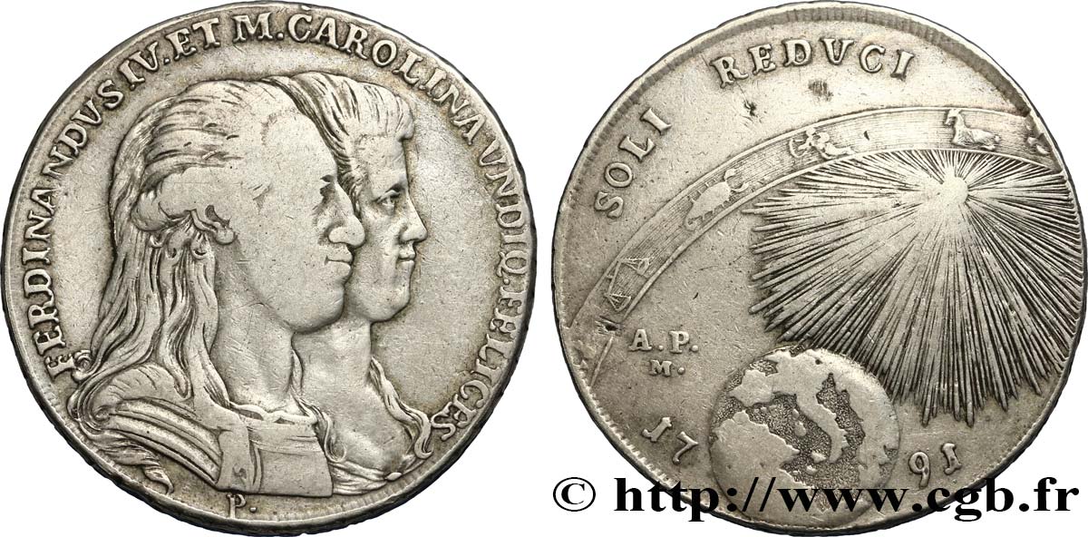 ITALY - KINGDOM OF NAPLES 1 Piastre de 120 Grana Ferdinand IV de Bourbon et Marie-Caroline 1791 Naples VF 