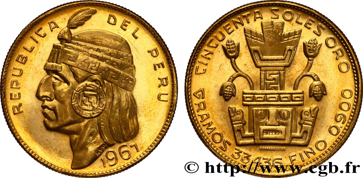 PERU 50 Soles or, refrappe postérieure 1967 Lima MS63 
