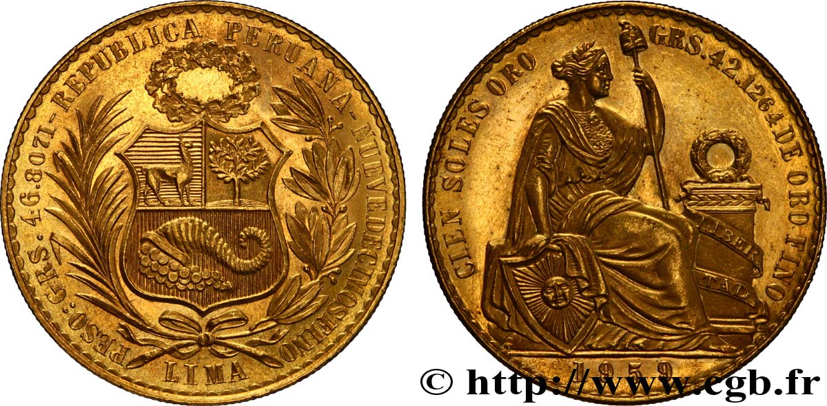 PERU 100 Soles de Oro emblème / liberté assise 1959 Lima MS63 