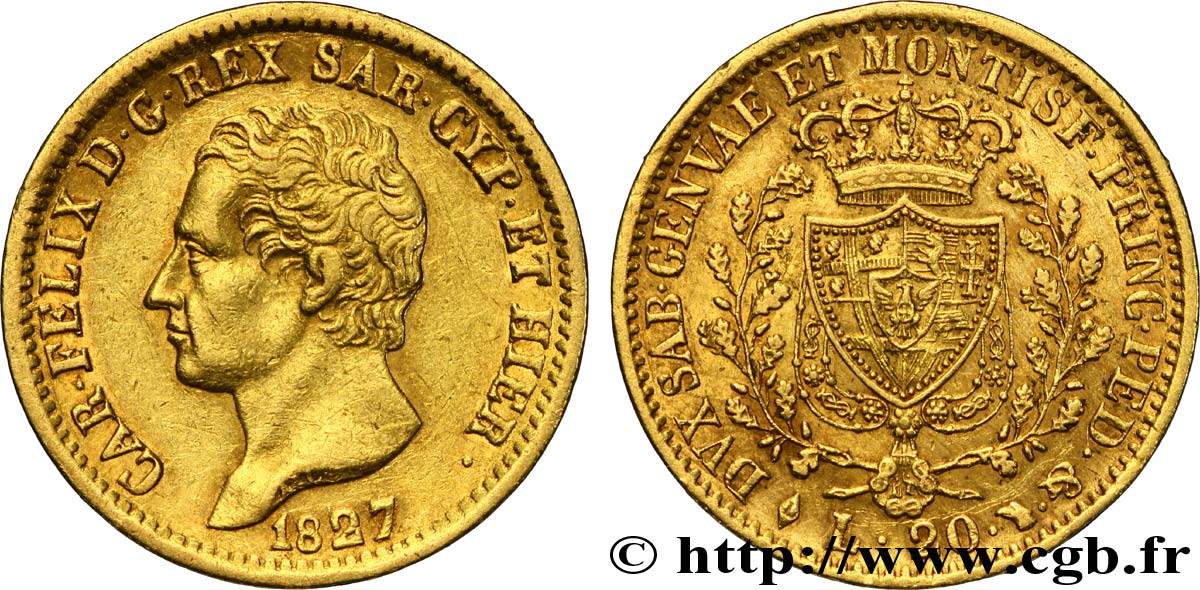 ITALIEN - KÖNIGREICH SARDINIEN 20 Lires or Charles Félix / emblème 1827 Turin fVZ 