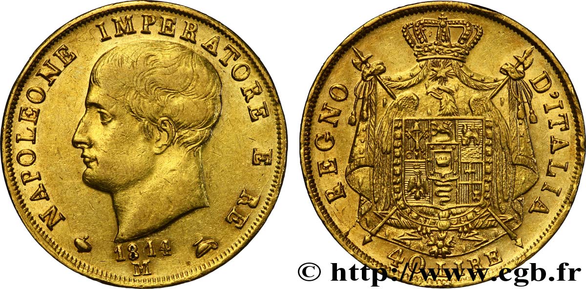 ITALY - KINGDOM OF ITALY - NAPOLEON I 40 Lire en or, 2e type, tranche en creux variété 1814/180? 1814 Milan XF 