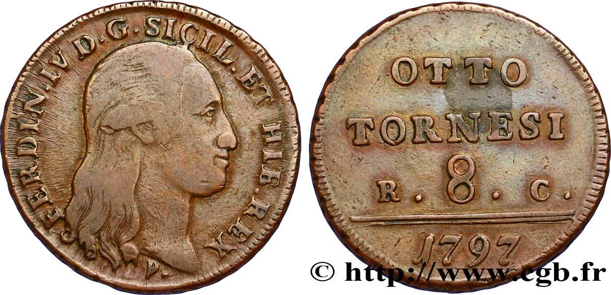 ITALY - KINGDOM OF NAPLES 8 Tornesi Ferdinand IV 1797  XF 