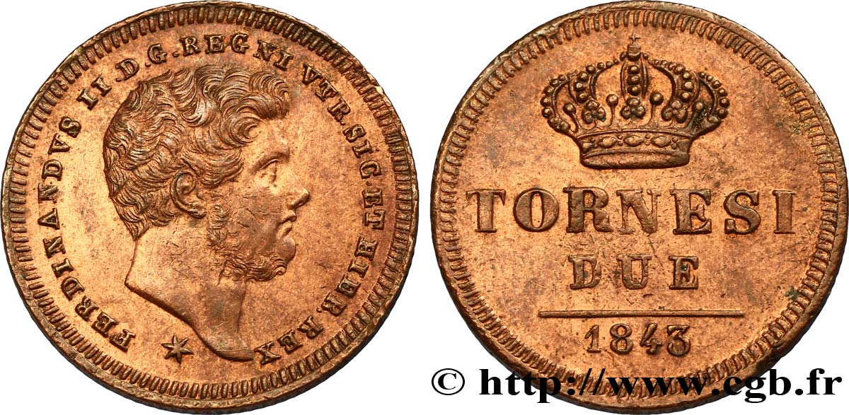 ITALIEN - KÖNIGREICH BEIDER SIZILIEN 2 Tornesi Royaume des Deux-Siciles, Ferdinand II / couronne étoile à 6 pointes 1843 Naples VZ 