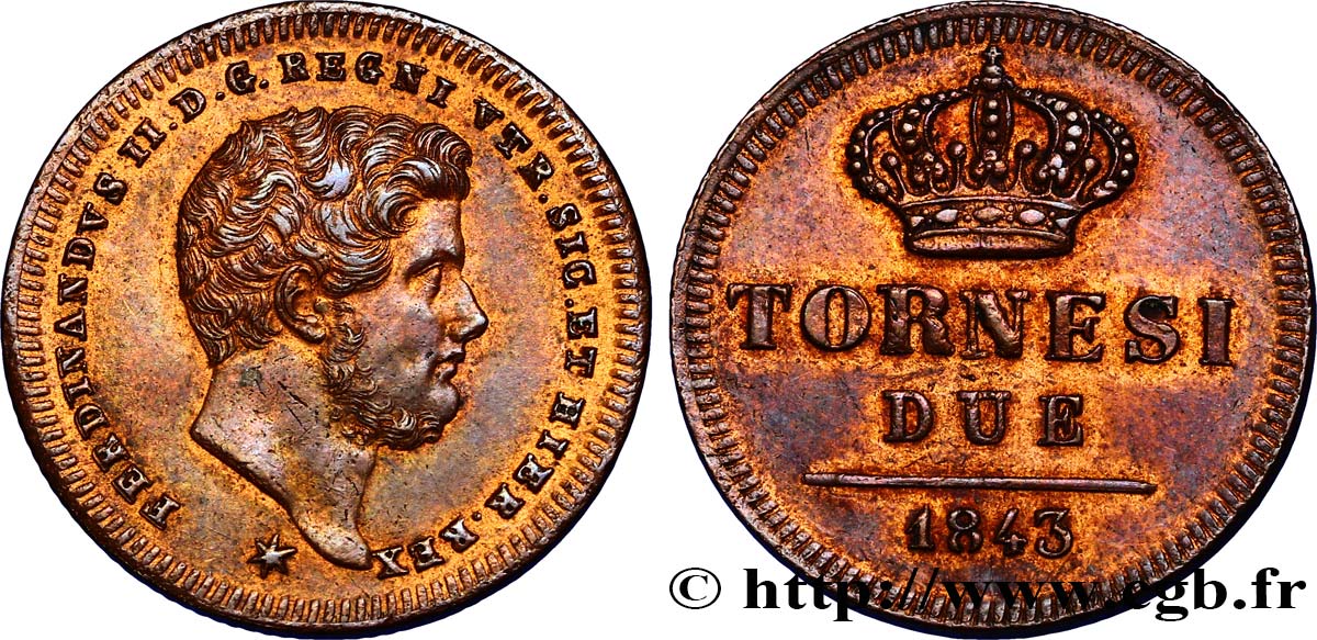 ITALIA - REGNO DELLE DUE SICILIE 2 Tornesi Ferdinand II / couronne étoile à 6 pointes 1843 Naples SPL 