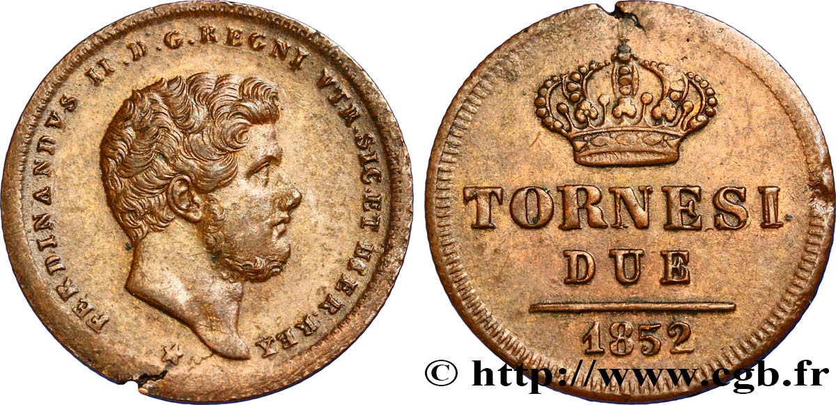 ITALY - KINGDOM OF TWO SICILIES 2 Tornesi Royaume des Deux-Siciles, Ferdinand II / couronne étoile à 6 pointes 1852 Naples AU 