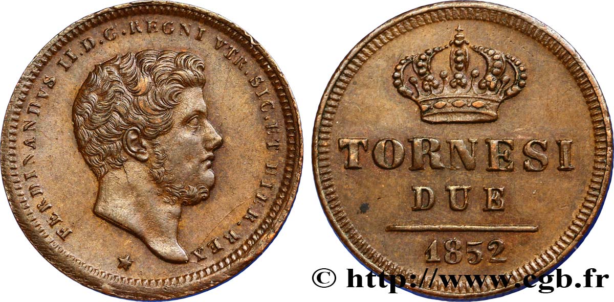ITALY - KINGDOM OF THE TWO SICILIES 2 Tornesi Royaume des Deux-Siciles, Ferdinand II / couronne étoile à 6 pointes 1852 Naples AU 