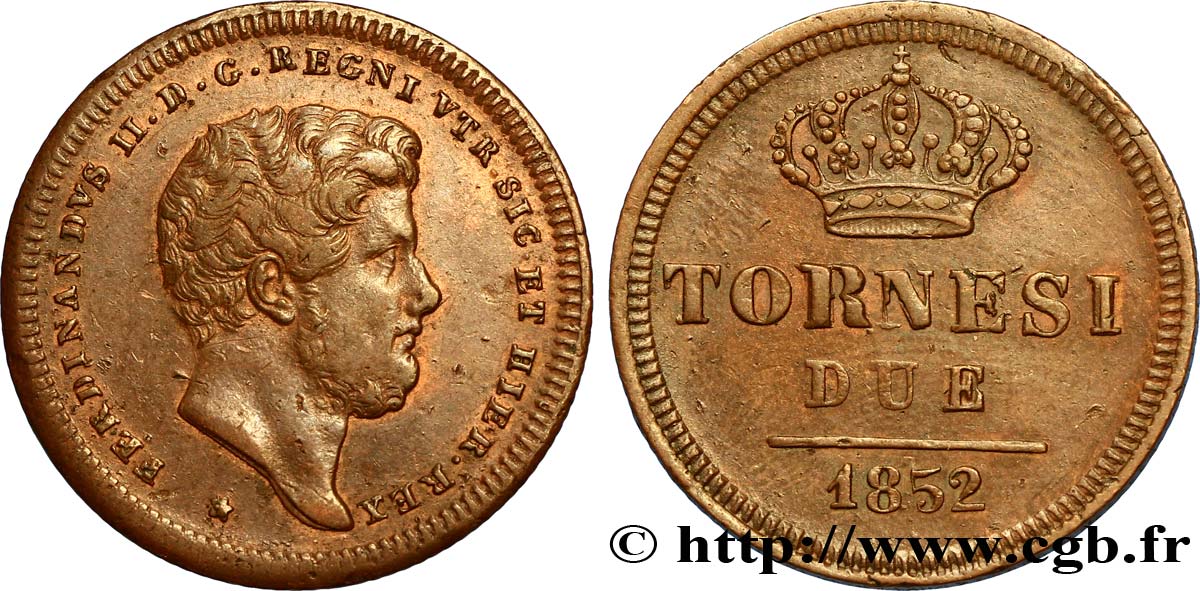 ITALIA - REGNO DELLE DUE SICILIE 2 Tornesi Royaume des Deux-Siciles, Ferdinand II / couronne étoile à 6 pointes 1852 Naples q.SPL 