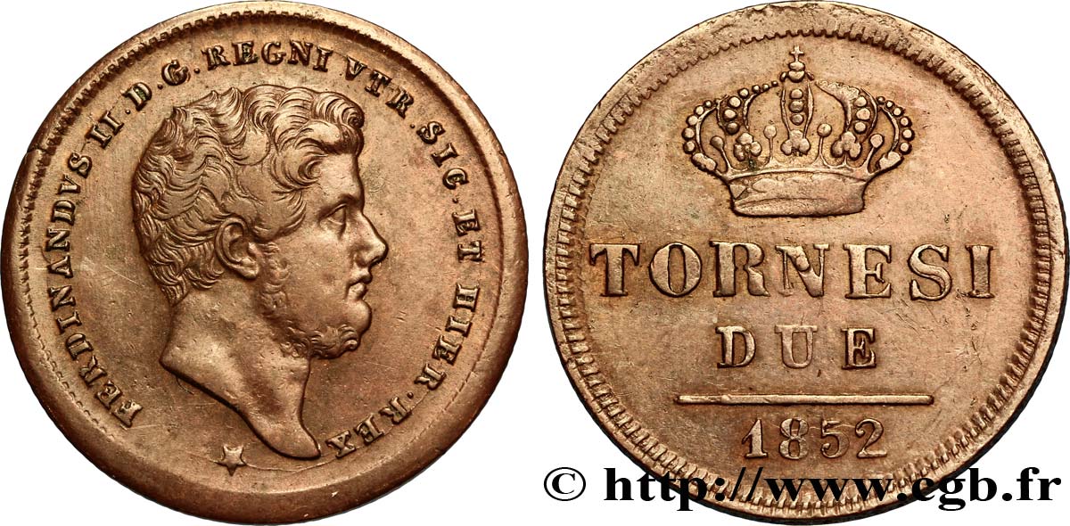 ITALY - KINGDOM OF THE TWO SICILIES 2 Tornesi Royaume des Deux-Siciles, Ferdinand II / couronne étoile à 6 pointes 1852 Naples XF 