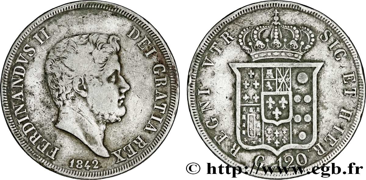 ITALIE - ROYAUME DES DEUX-SICILES 120 Grana Royaume des Deux-Siciles, Ferdinand II / écu couronné 1842 Naples TB+ 