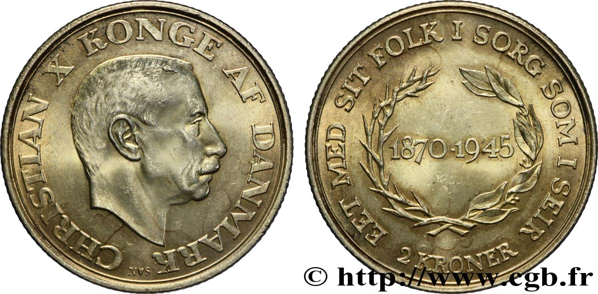 DINAMARCA 2 Kroner 75e anniversaire du roi Christian X 1945 Copenhague SPL 