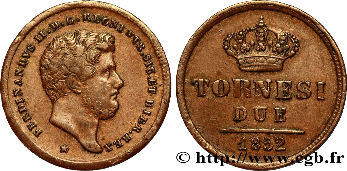 ITALIA - REGNO DELLE DUE SICILIE 2 Tornesi Royaume des Deux-Siciles, Ferdinand II / couronne étoile à 6 pointes 1852 Naples q.SPL 