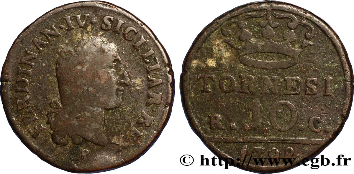 ITALY - KINGDOM OF NAPLES 10 Tornesi Royaume des Deux Siciles Ferdinand IV, variante de légende ‘SICL’ 1798  VF 