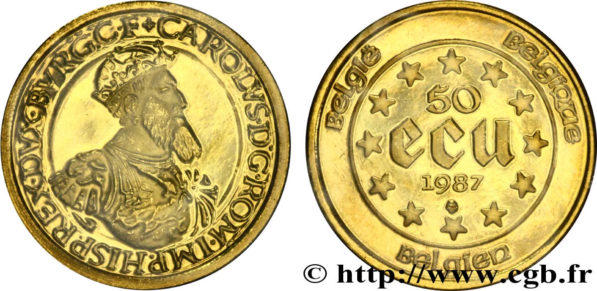 BÉLGICA 50 Ecus en or, Charles-Quint / douze étoiles de l’Europe 1987 Bruxelles FDC 