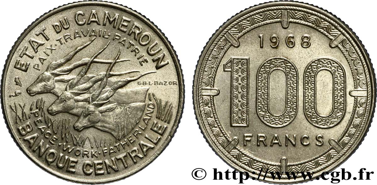 KAMERUN 100 Francs Etat du Cameroun, antilopes 1968 Paris fST 