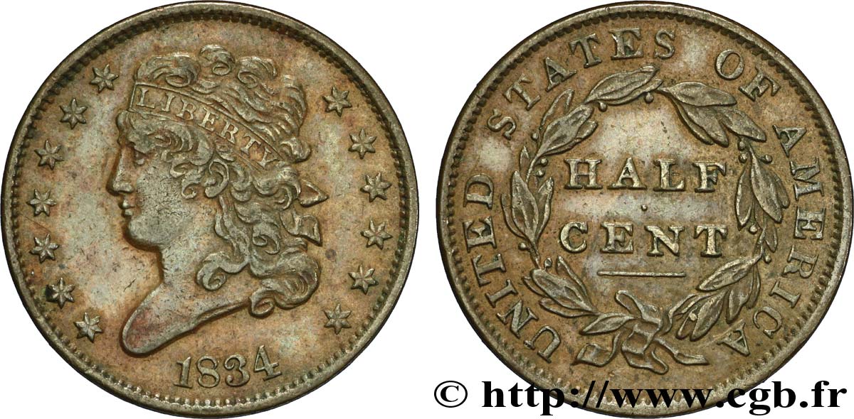 ESTADOS UNIDOS DE AMÉRICA 1/2 (Half) Cent ‘Classic Head’ 1834 Philadelphie EBC 
