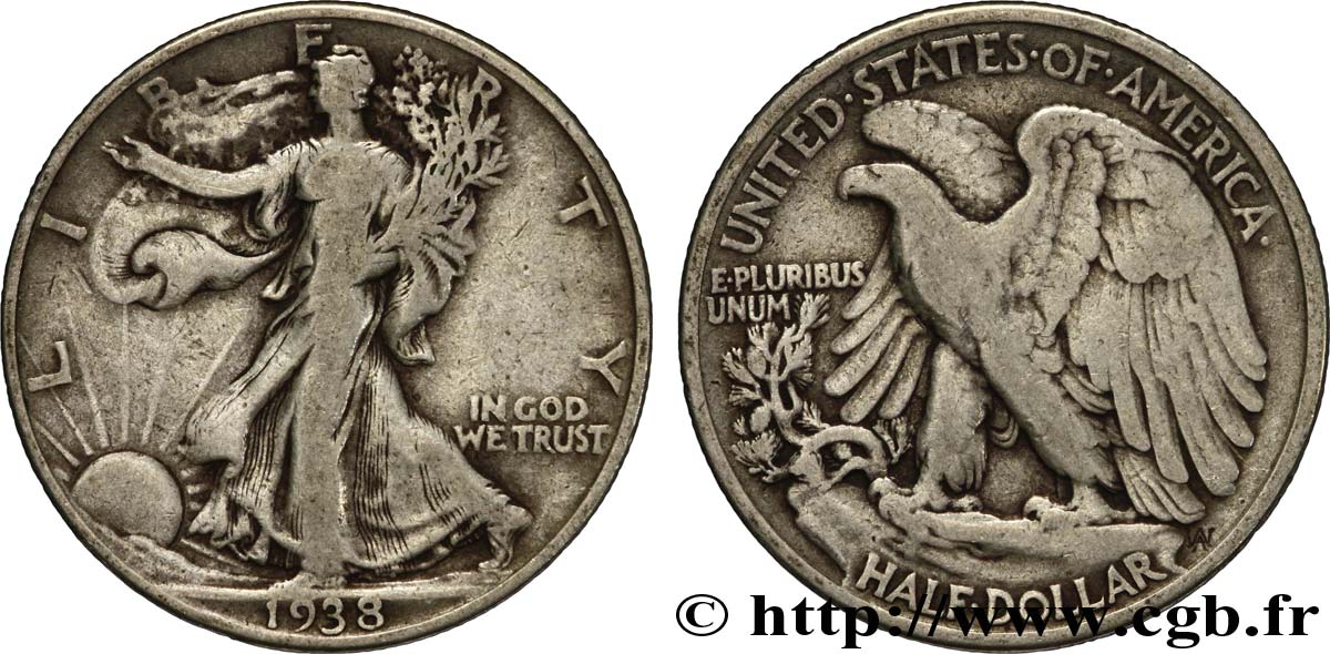 ÉTATS-UNIS D AMÉRIQUE 1/2 Dollar Walking Liberty 1938 Philadelphie TB 