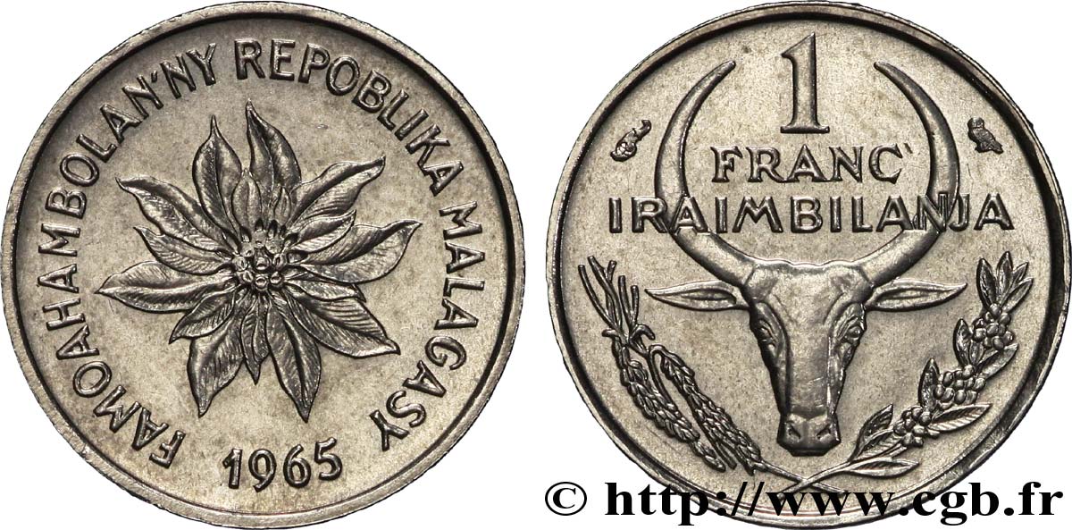 MADAGASCAR 1 Franc buffle / fleur 1965 Paris SC 