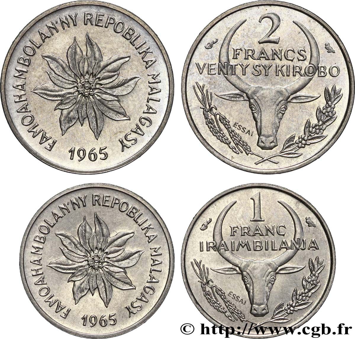 MADAGASKAR Essais de 2 et 1 Francs 1965 Paris ST70 