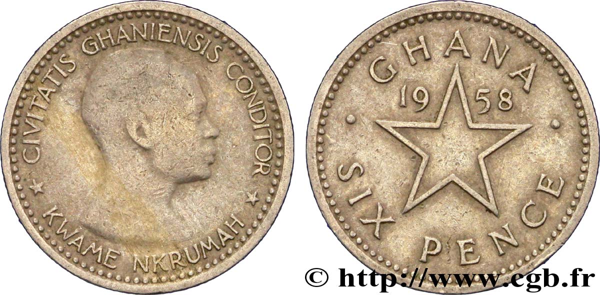 GHANA 6 Pence Kwame Nkrumah / étoile 1958  BC+ 