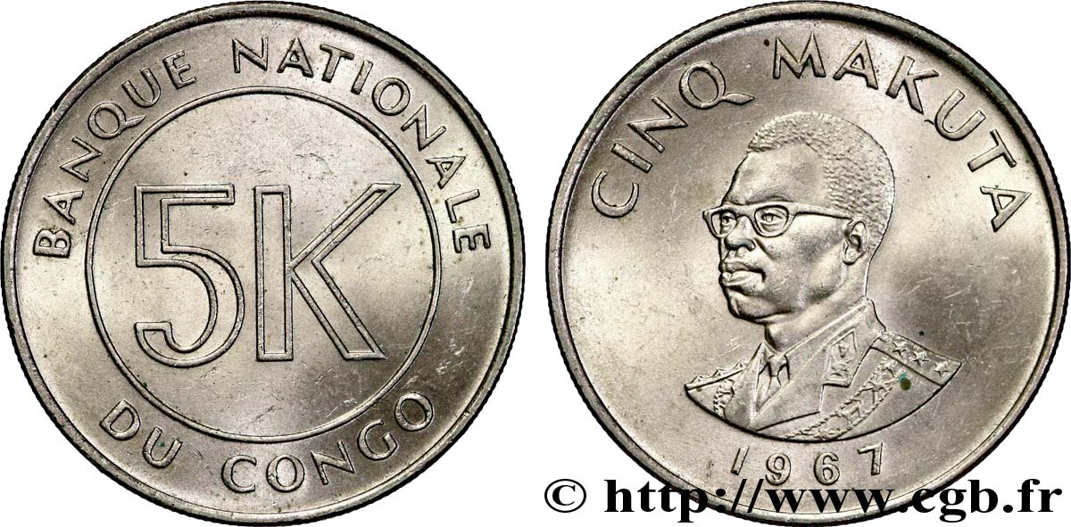 DEMOKRATISCHE REPUBLIK KONGO 5 Makuta président Mobutu 1967  fST 