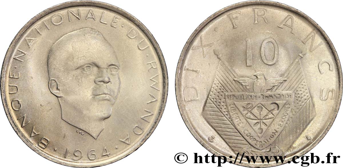RWANDA 10 Francs président Grégoire Kayibanda / emblème 1964 Bruxelles AU 