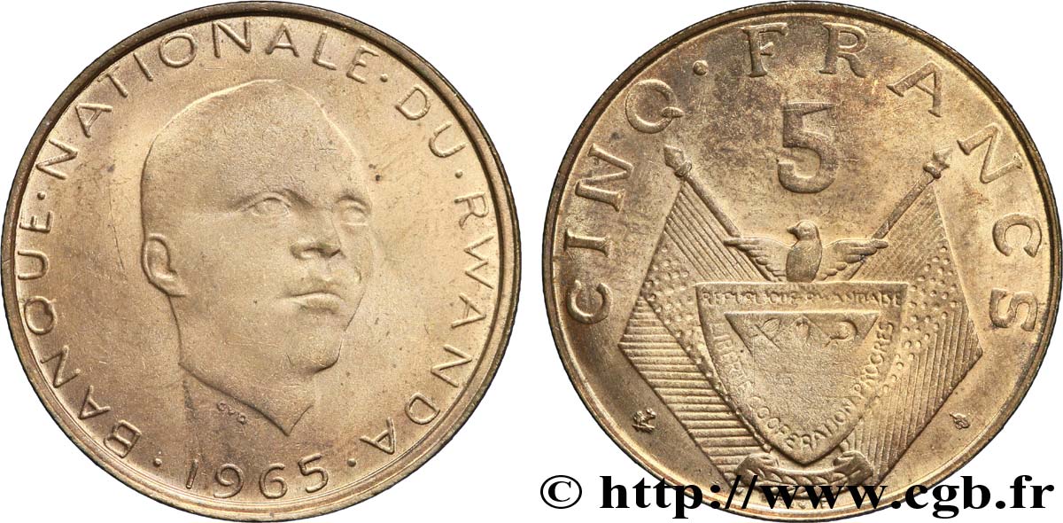RUANDA 5 Francs président Grégoire Kayibanda / emblème 1965 Bruxelles SC 