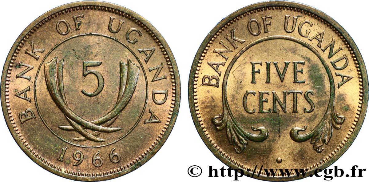 UGANDA 5 Cents défenses d’éléphants 1966  MS 