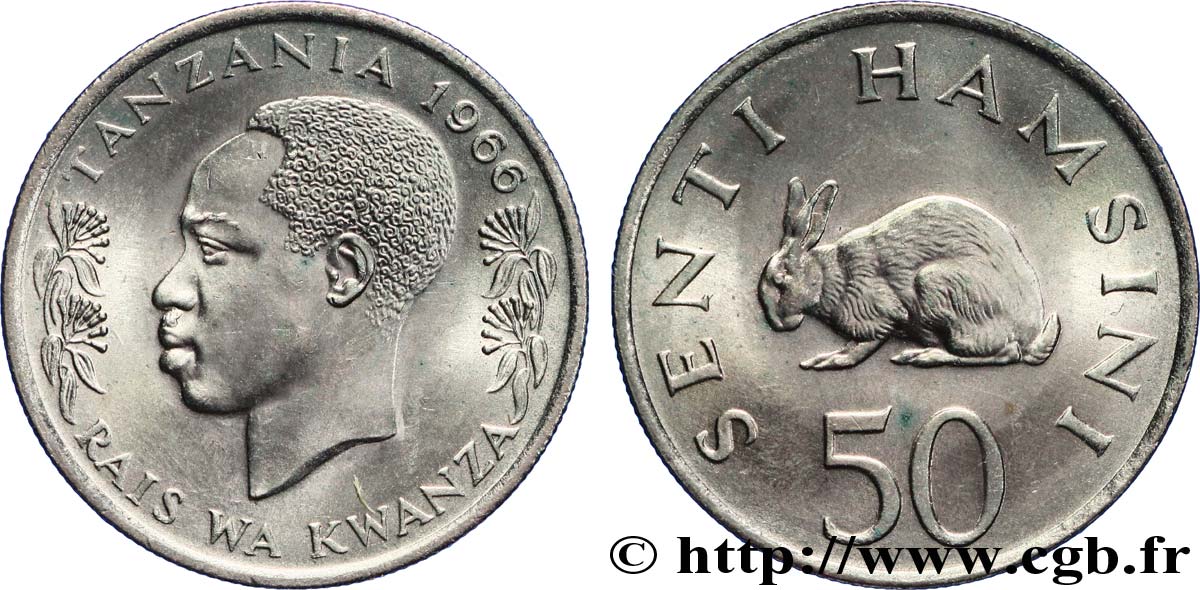 TANZANIA 50 Senti Julius Nyerere / lapin 1966  MS 