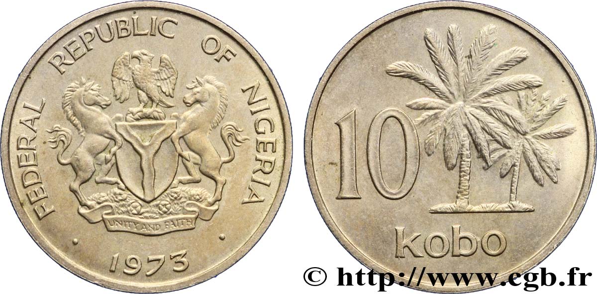 NIGERIA 10 Kobo emblème / palmiers 1973  VZ 