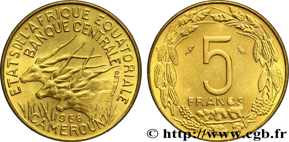 ÁFRICA ECUATORIAL  5 Francs antilopes 1968 Paris SC 