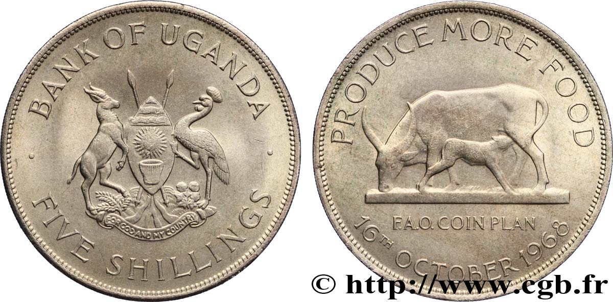 OUGANDA 5 Shillings F.A.O. Buffle et veau 1968  SPL 