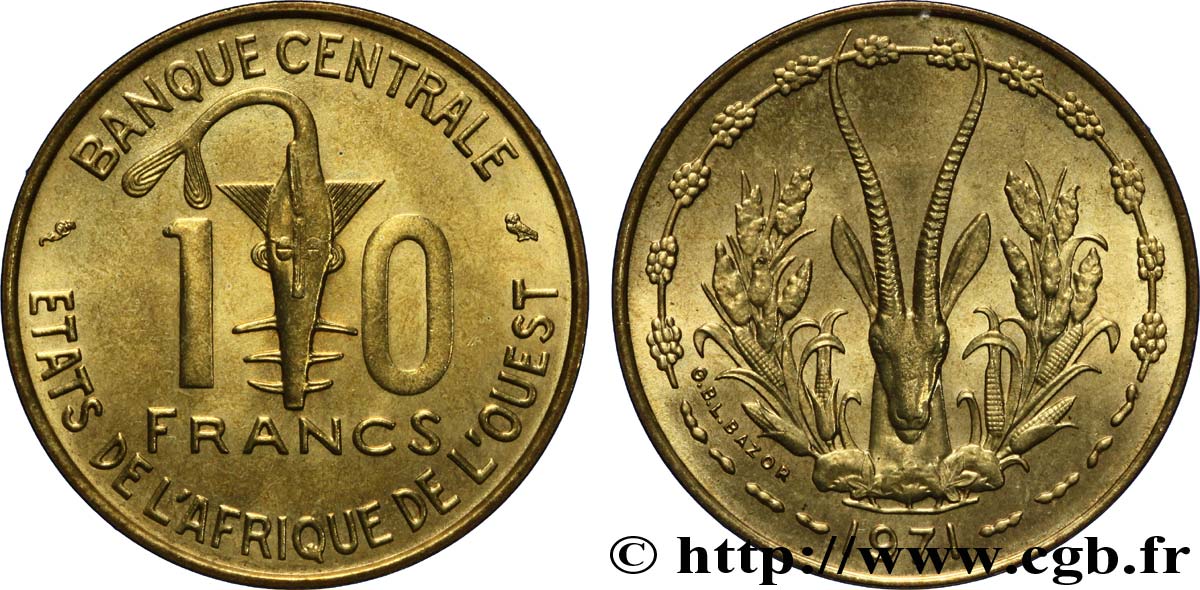 WESTAFRIKANISCHE LÄNDER 10 Francs BCEAO masque / antilope 1971 Paris fST 